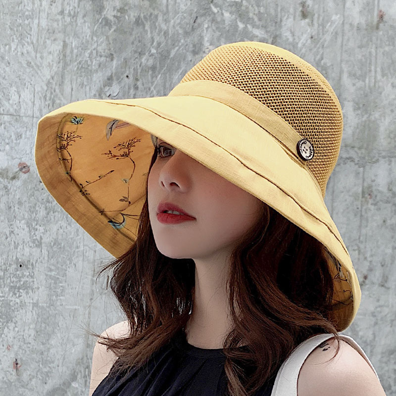 Summer Bucket Hat Women's UV Protection Big Brim Sun Hat Printed Yellow - Shop at LoveMi