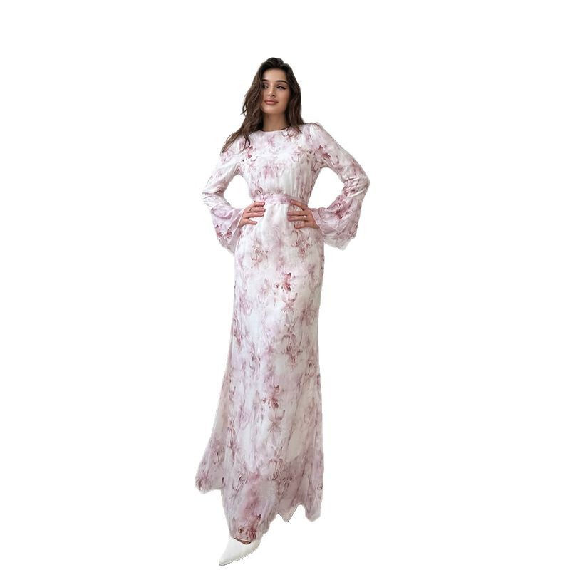 Round-neck Comfortable Elegant Slimming Printed Long Sleeve Dress