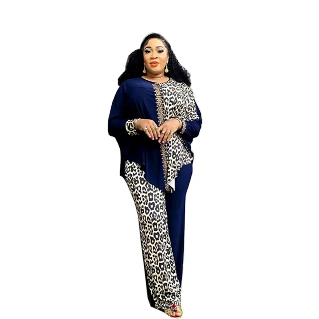 Loose Leopard Print Color Matching Rhinestone Top Trousers Suit Blue - Shop at LoveMi