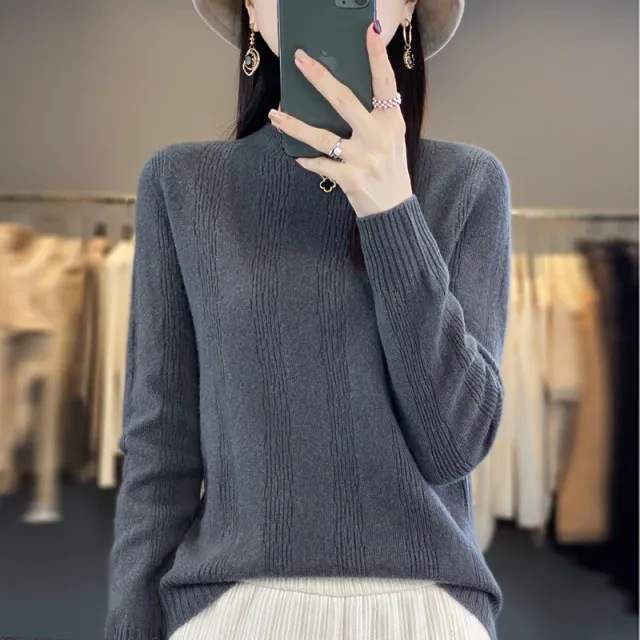 Autumn And Winter Stand Collar Vertical Stripes Wool Base Shirt Elephant Gray - Shop at LoveMi