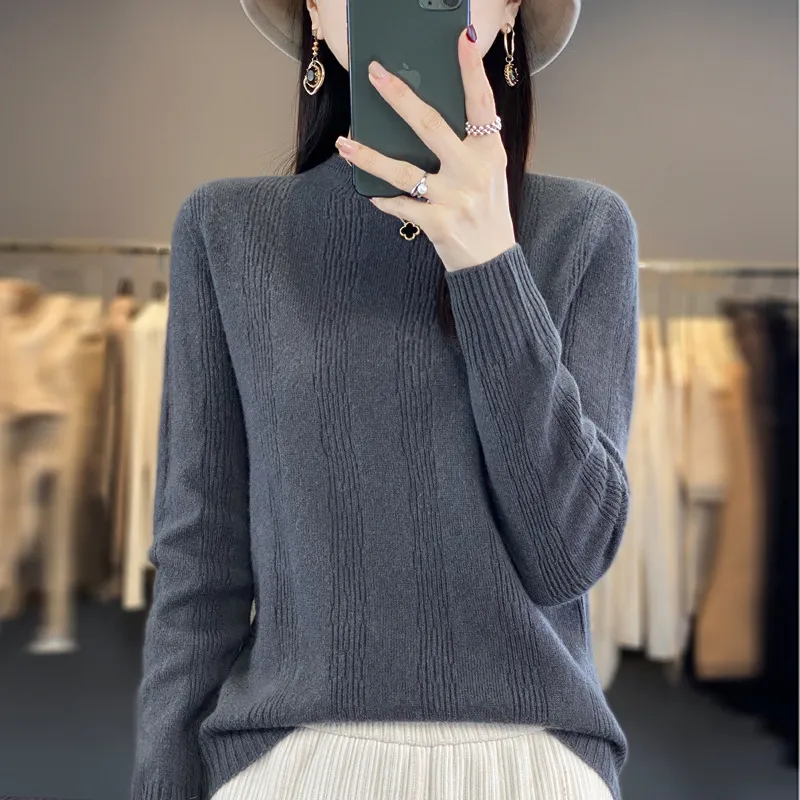 Autumn And Winter Stand Collar Vertical Stripes Wool Base Shirt - Elephant Gray