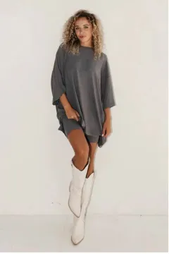 Women's Clothing Fashion Solid Color Loose T-shirt Tight Shorts Women - Dark Gray - View 1