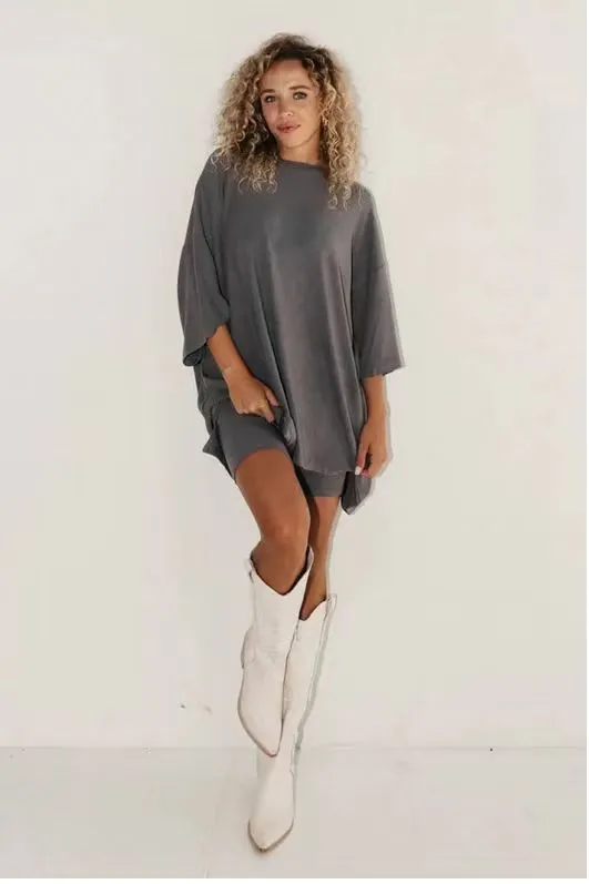 Women's Clothing Fashion Solid Color Loose T shirt Tight Shorts Women Dark Gray - Shop at LoveMi