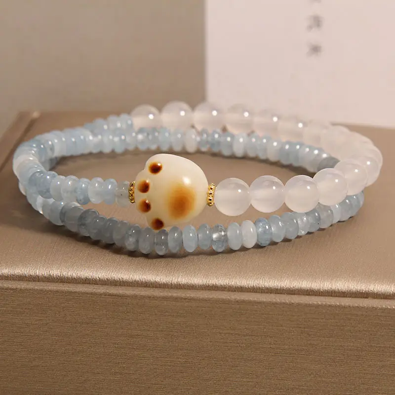 Aquamarine Abacus Beads Double Ring Bracelet Women's Light Luxury