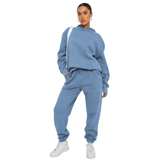 Hooded Long Sleeve Sweater Women's Clothing Fashion Casual Trousers Suit Denim Blue - Shop at LoveMi