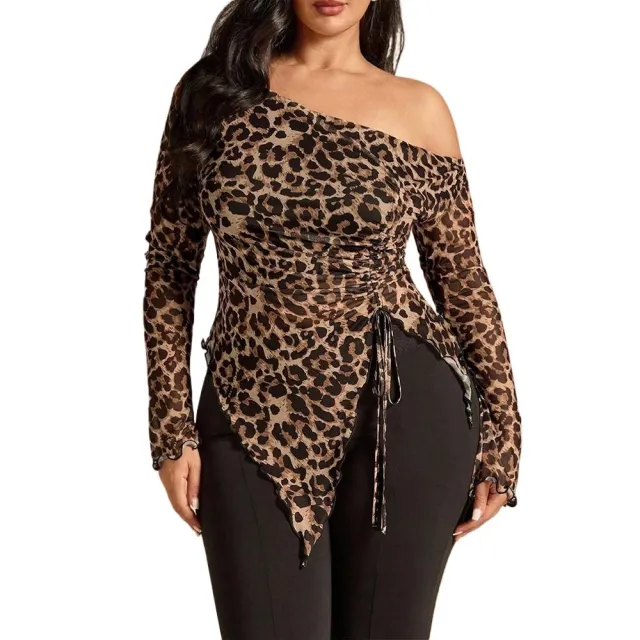 Womens Fitted Long Sleeve Top With A Flared Hem And Leopard Print Drawstring Leopard - Shop at LoveMi