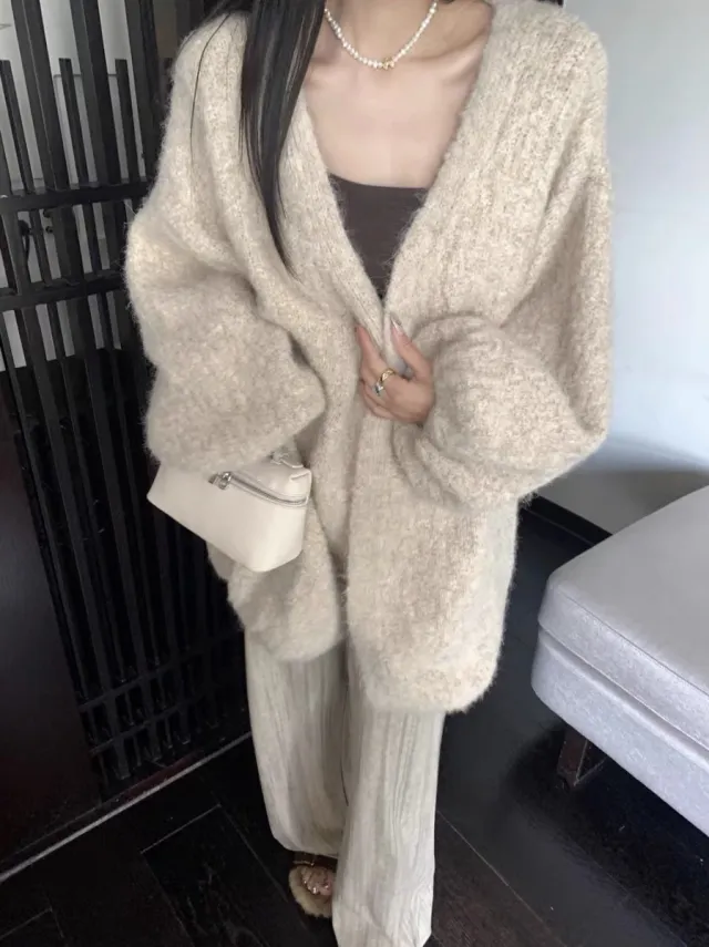 Loose Sweet Mid length Knitted Cardigan Apricot - Shop at LoveMi