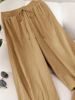 Elastic Waist Wide Leg Pants Cotton Loose Trousers - Khaki - View 1