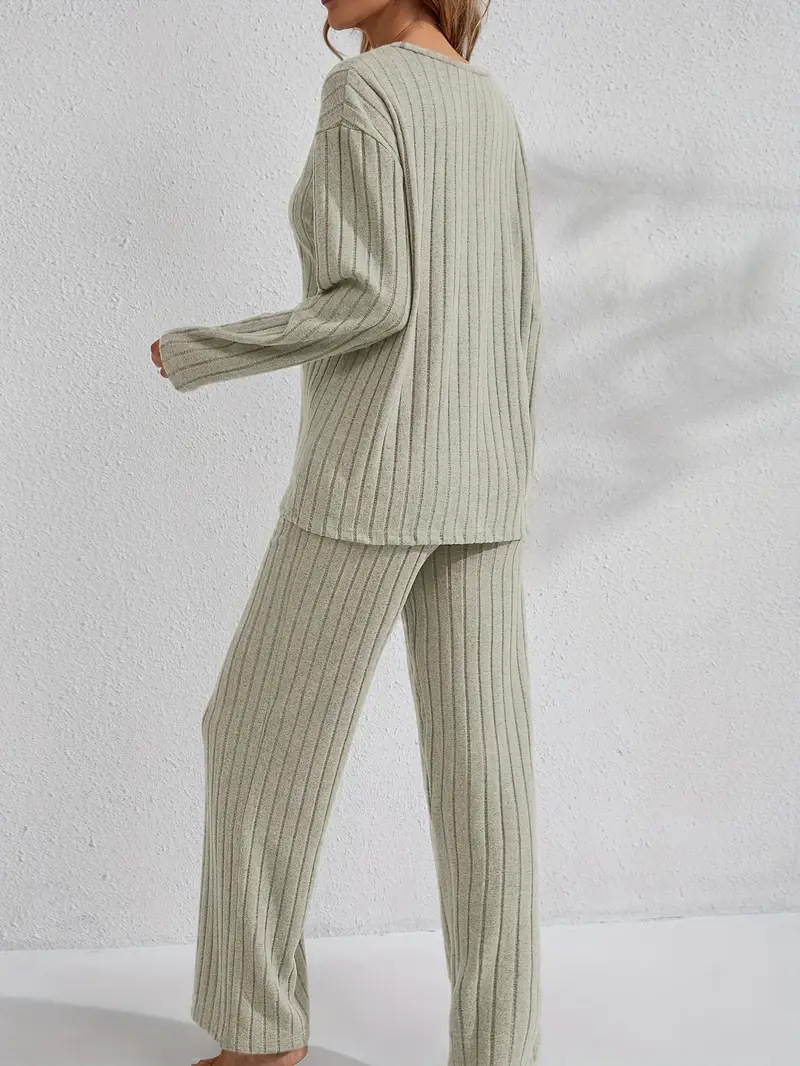 Women’s Ribbed Long Sleeve Top and Pants Loungewear Set
