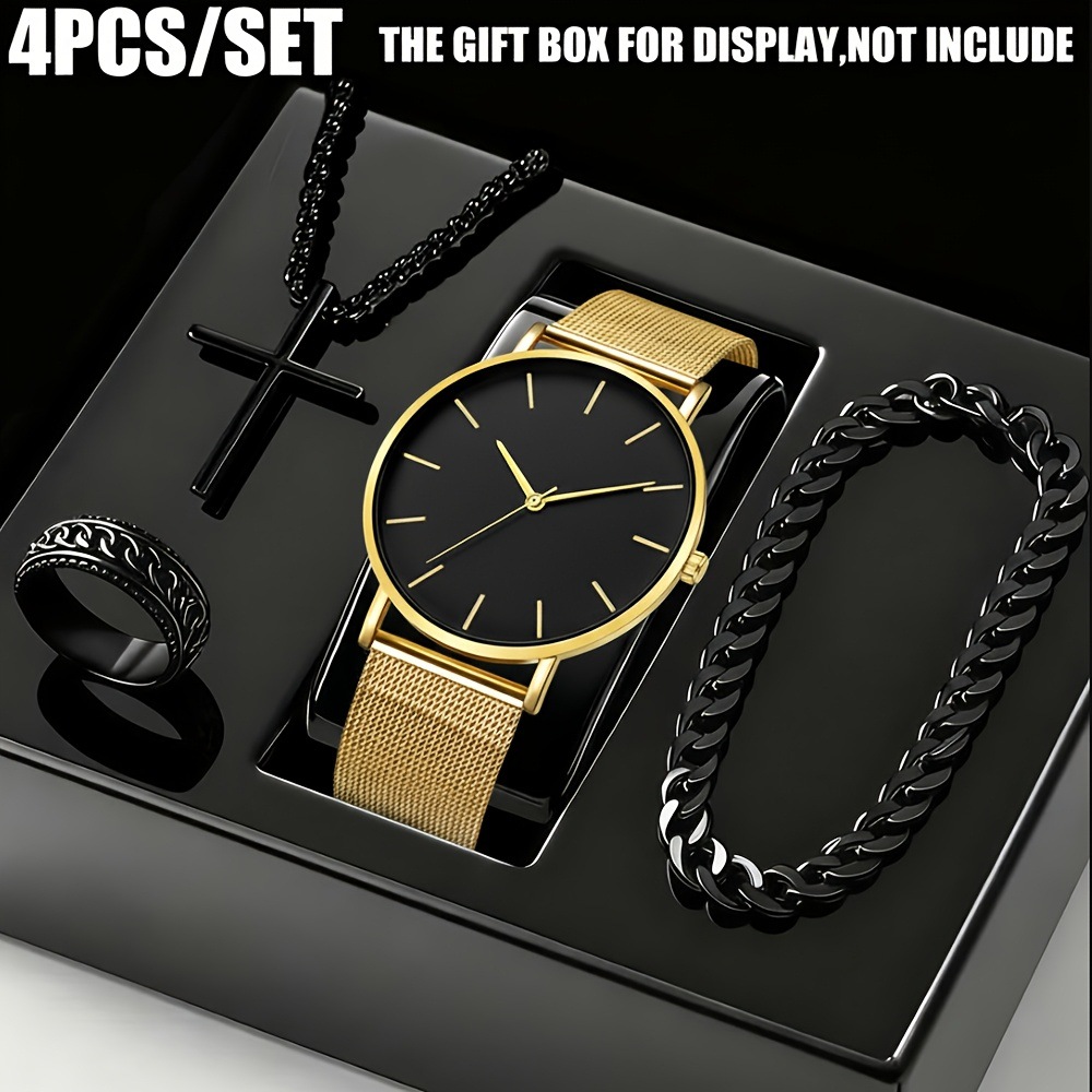 Men's Fashion Watch Ring Necklace Bracelet Set - Stainless Steel Jewelry Collection for Daily Wear 5