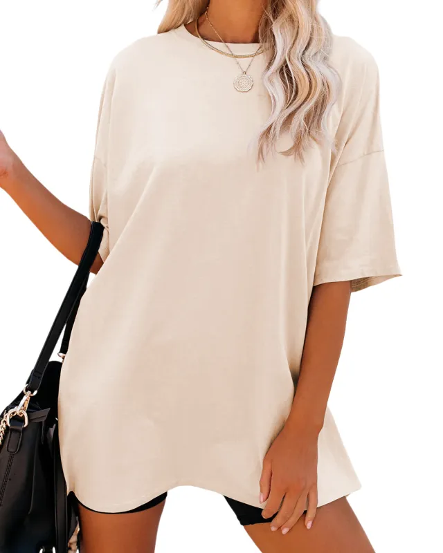 Solid Color Loose Women's T shirt Fashion Round Neck Plus Size Short Sleeve Sand Color Xl - Shop at LoveMi