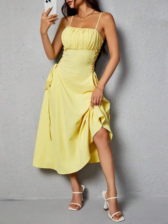 Spaghetti Straps Chest Wrap Waist tight Long Dress Yellow - Shop at LoveMi