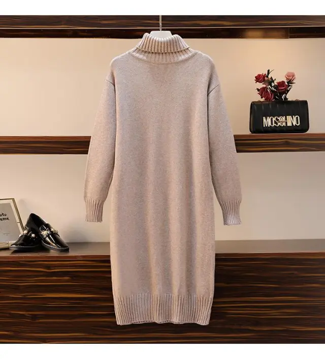 Straight Loose Overknee High Collar Sweater Dress Khaki - Shop at LoveMi