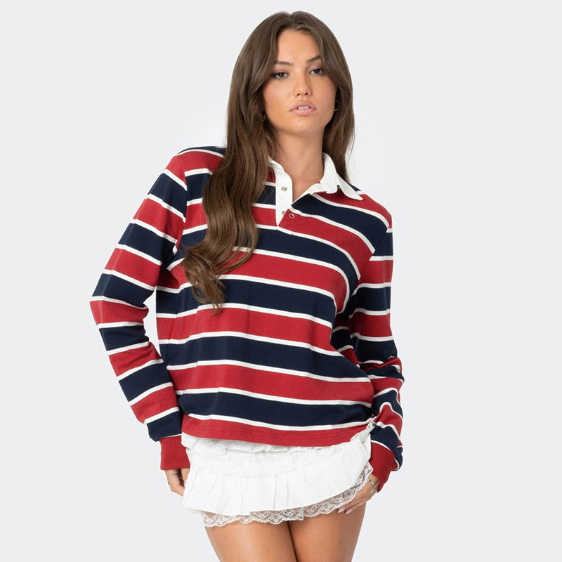 Women's American Street Striped Lapel Long Sleeve Short Top