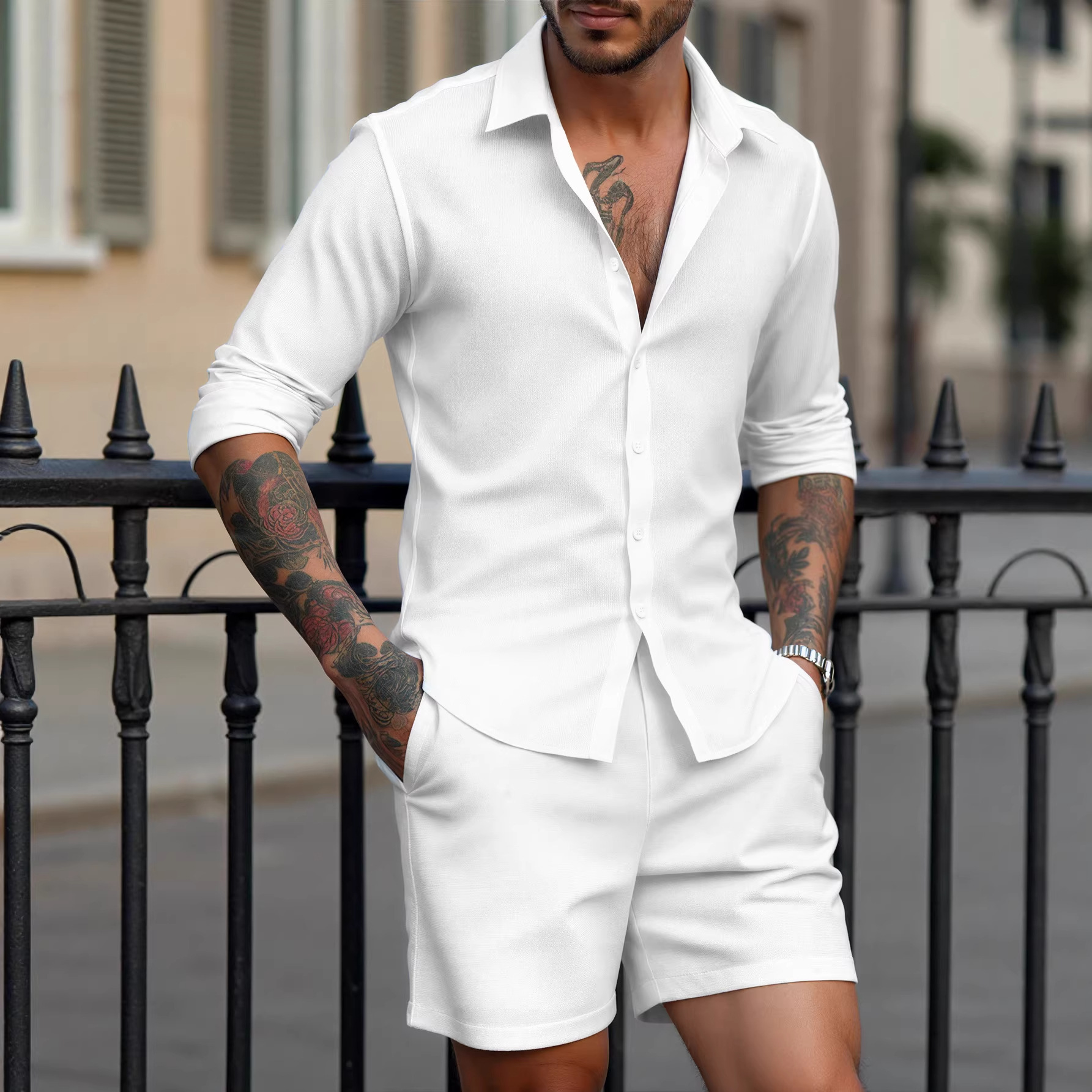 Men's Casual Formal Shirt And Shorts Set