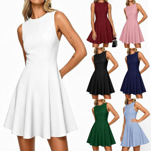 Womens Solid-Color Sleeveless Crew-Neck A-Line Dress