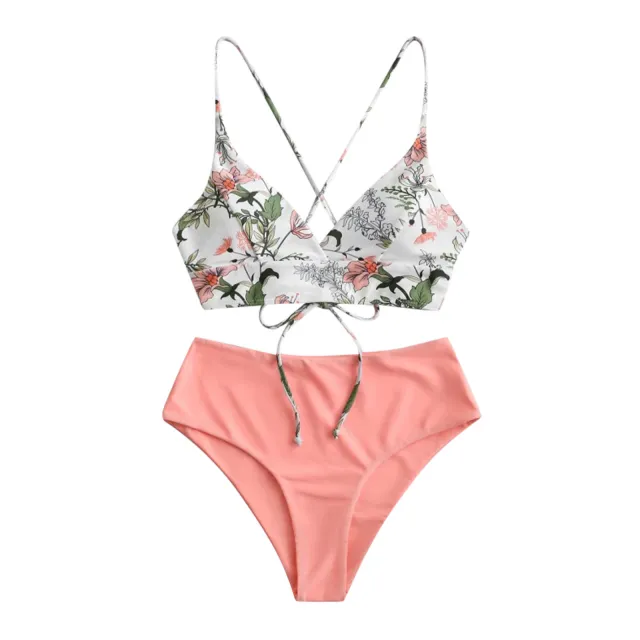 Lady Sexy Strap Leaf Printed Split Bikini Swimsuit Pink - Shop at LoveMi