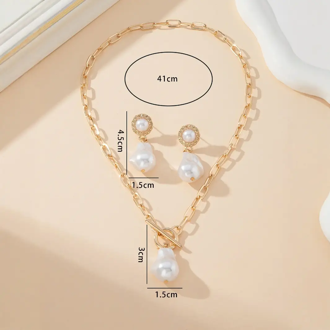 Retro Baroque Pearl Pendant Necklace Ear Stud 2-piece Set
