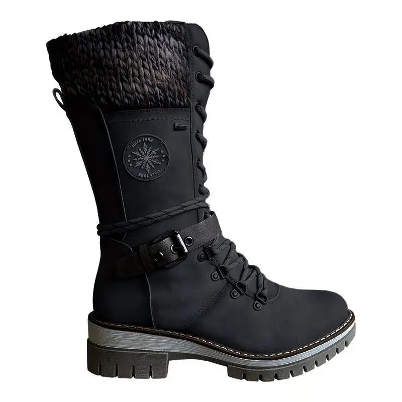 Winter High Square Heel Round Head Sewing Line Plus Size Martin Boots - Black