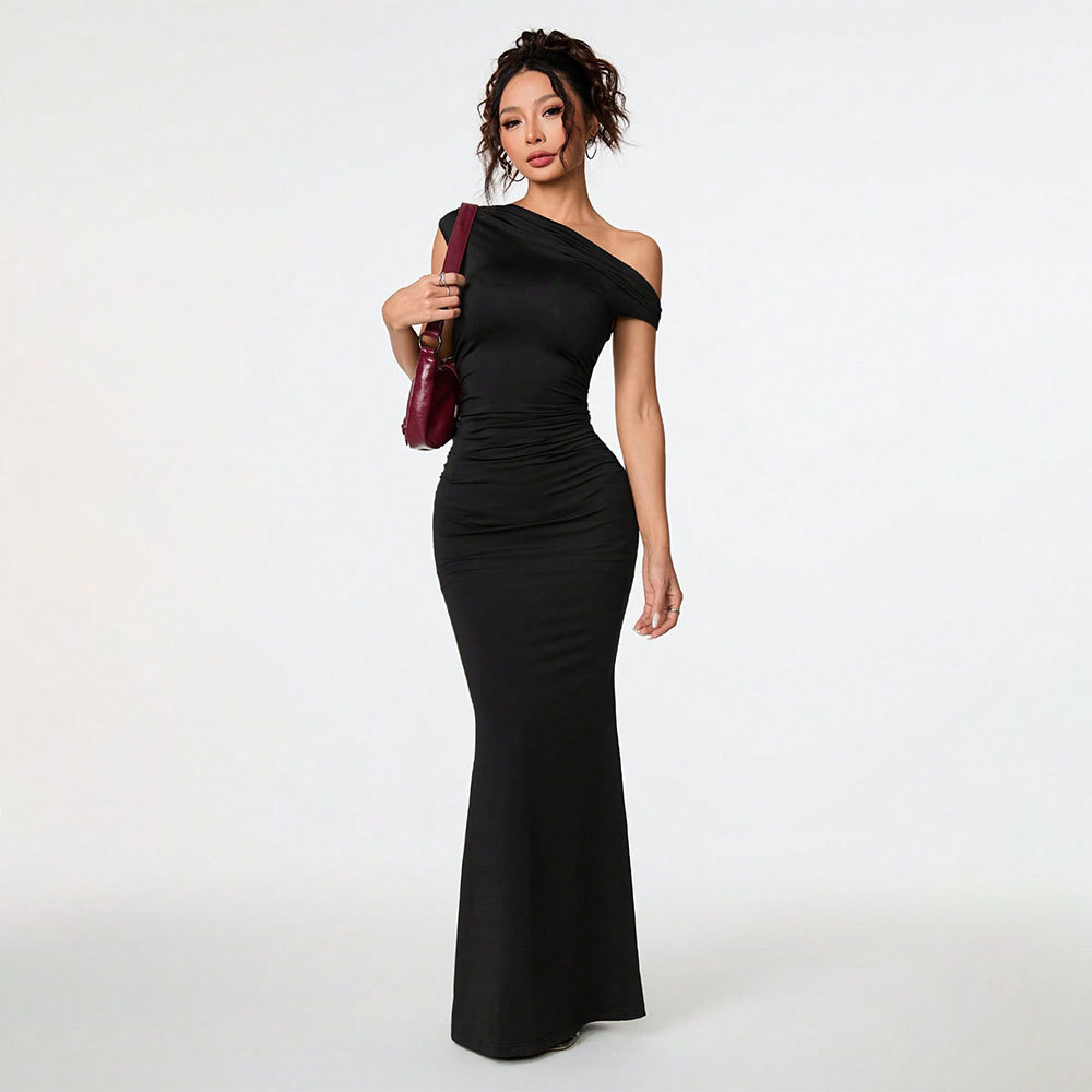 Women's Sexy Socialite style Dress Summer Off shoulder Slant neck Black Evening Gown Maxi Dress Black - Shop at LoveMi