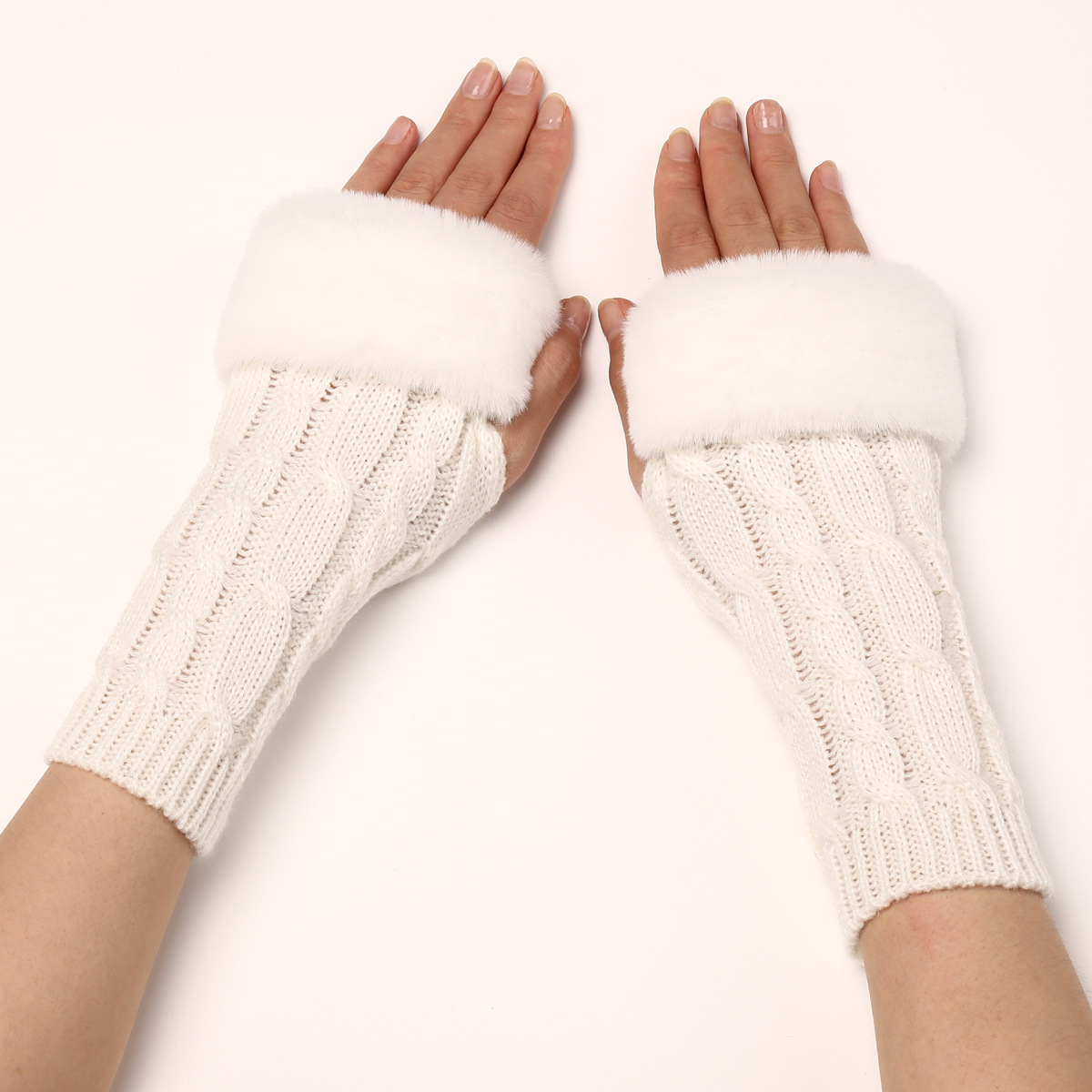 Women's Cable Knit Arm Warmers - Open End Half Finger Gloves with Wool Lining for Fall Winter Cold Weather