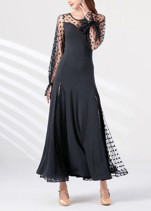 Fashionable And Elegant Women's Polka Dot Lace Patchwork Long Sleeve Dress Black - Shop at LoveMi