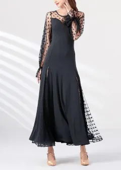 Fashionable And Elegant Women's Polka Dot Lace Patchwork Long Sleeve Dress - Black - View 1
