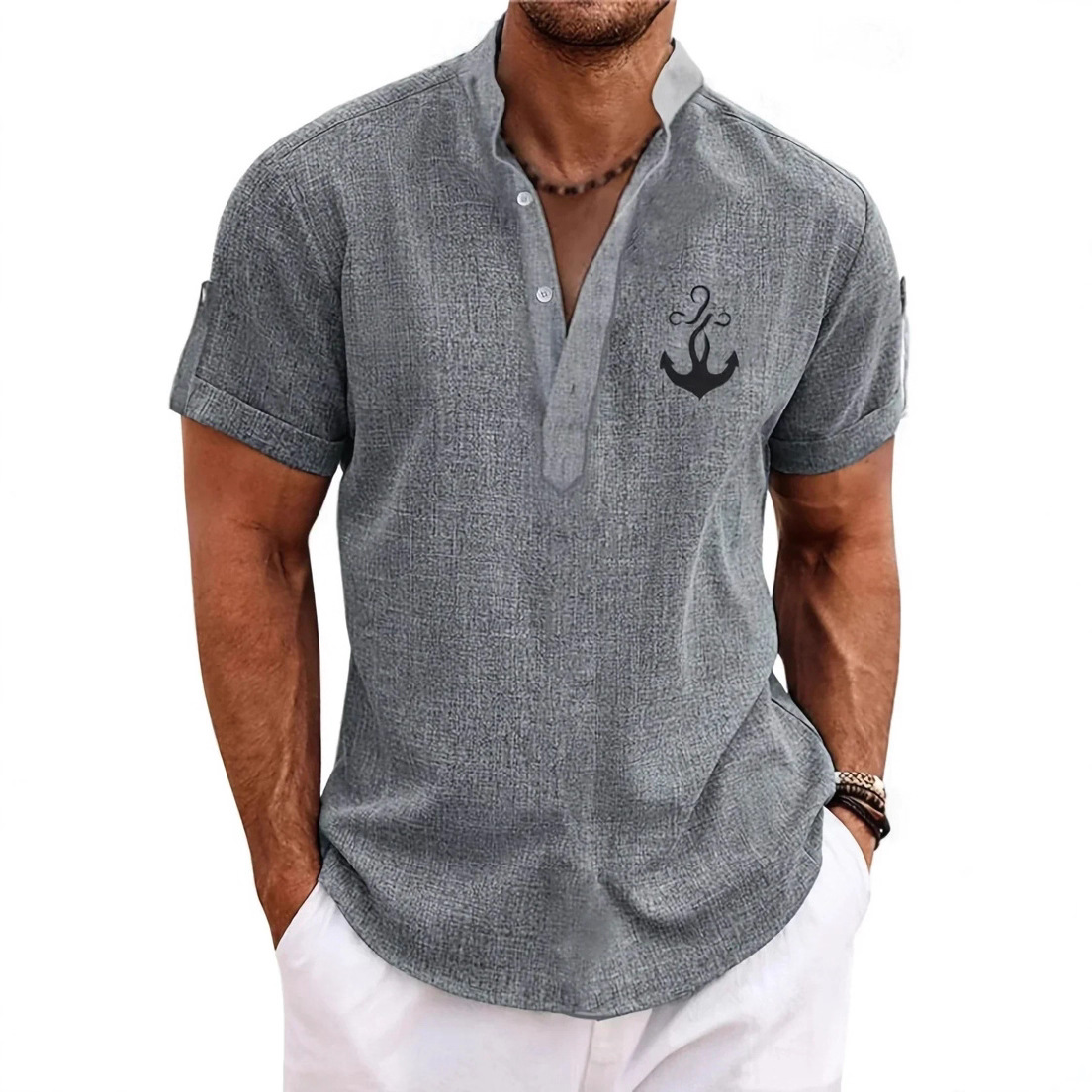 Men's casual suit 3D printed zipper short sleeved polo shirt