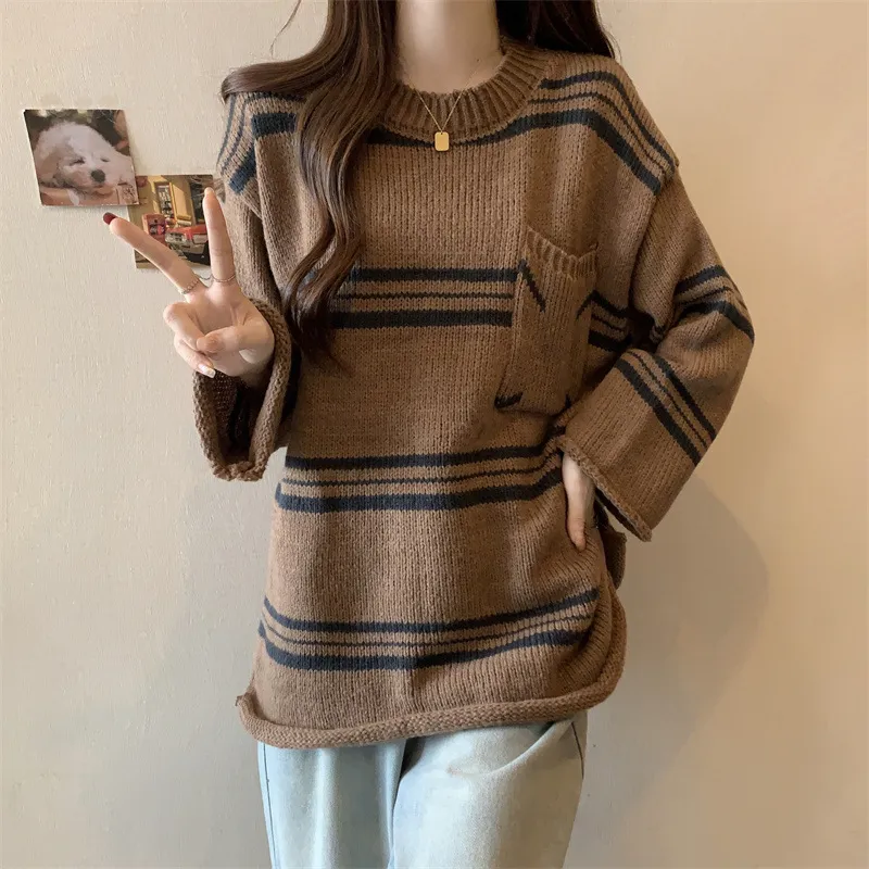 Lazy Sweater Pocket Contrast Color Striped Round Neck Pullover - Coffee