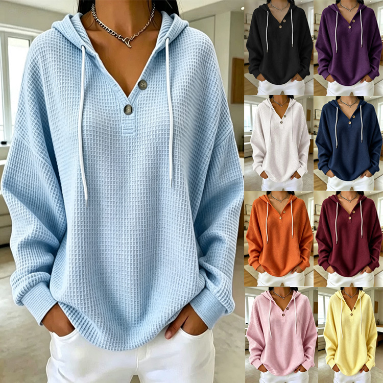 Women's Drawstring Hoodie Loose-fit Waffle-knit Hooded Top