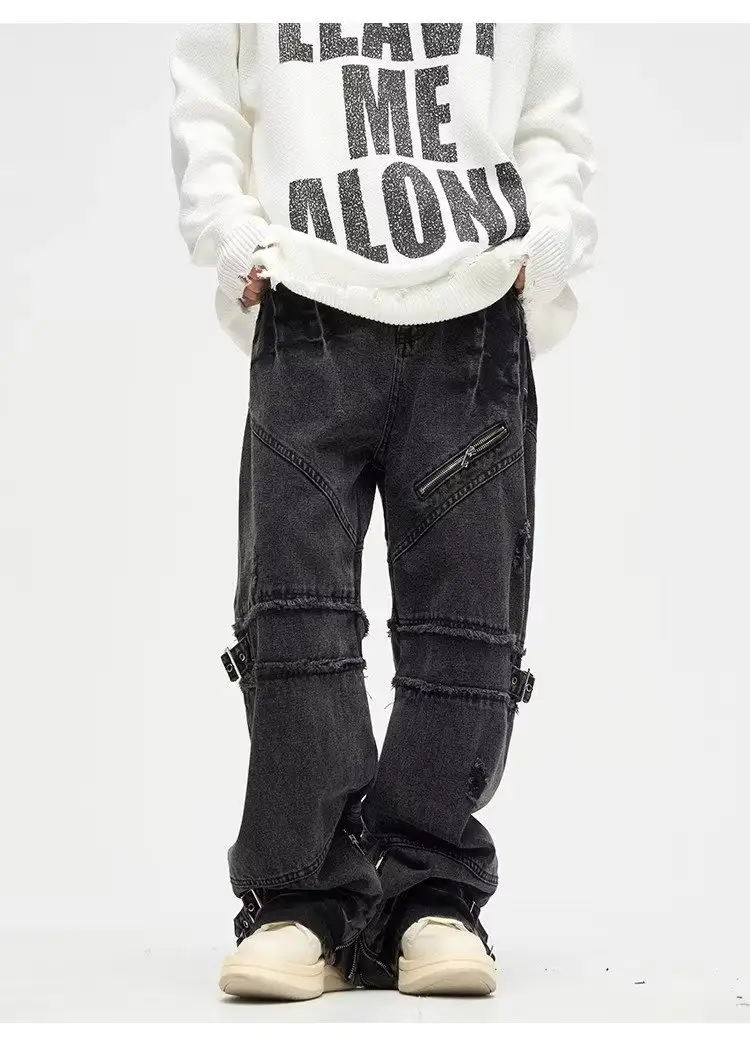 Lace-up Zipper Jeans Vintage Distressed Straight Loose Pants