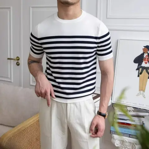 Trendy All-matching Striped T-shirt Men's Short Sleeve