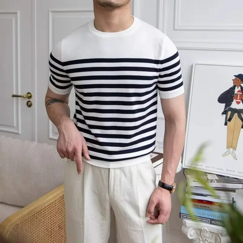 Trendy All-matching Striped T-shirt Men's Short Sleeve
