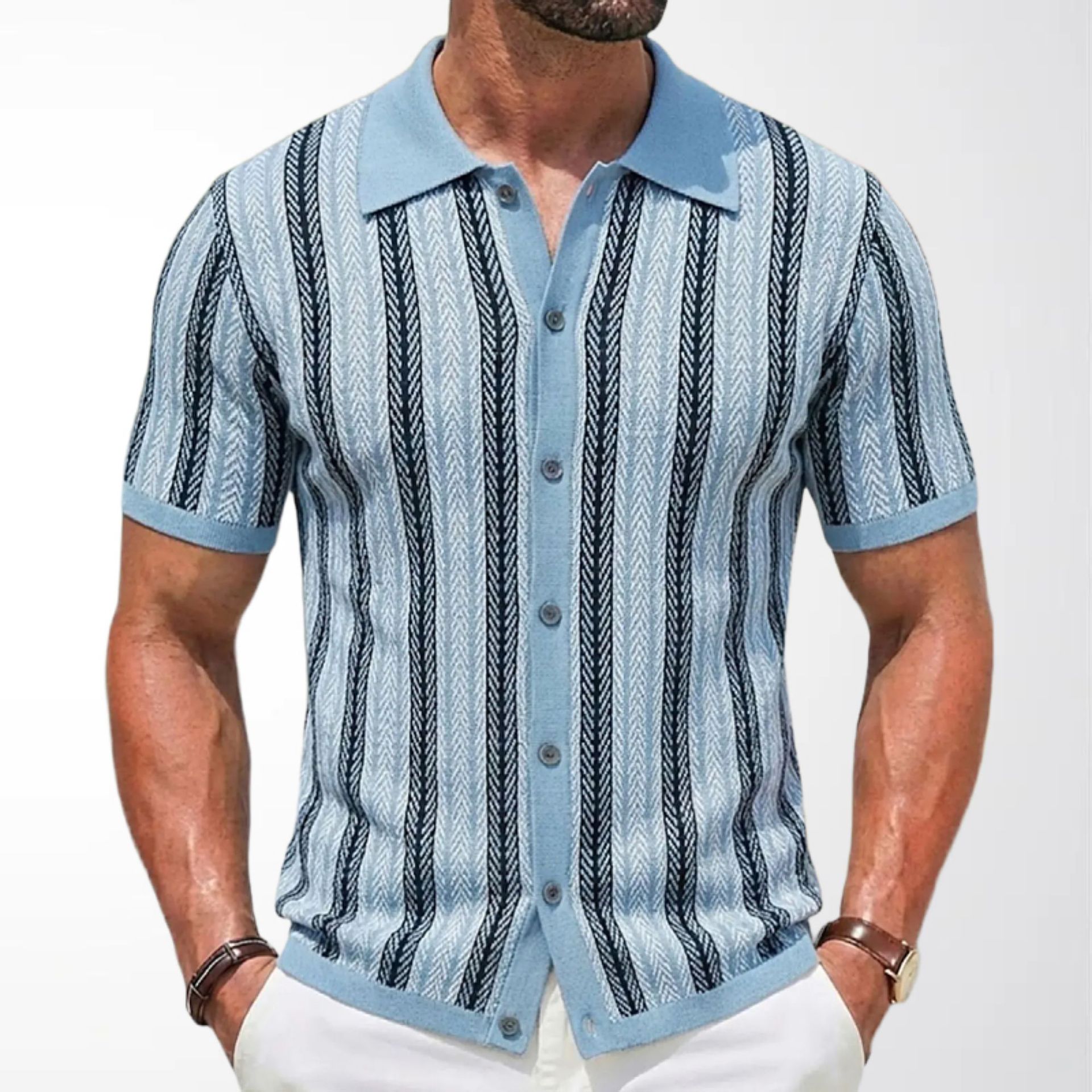 Men's Short-Sleeve Striped Knitted Cardigan Jacquard Polo Shirt