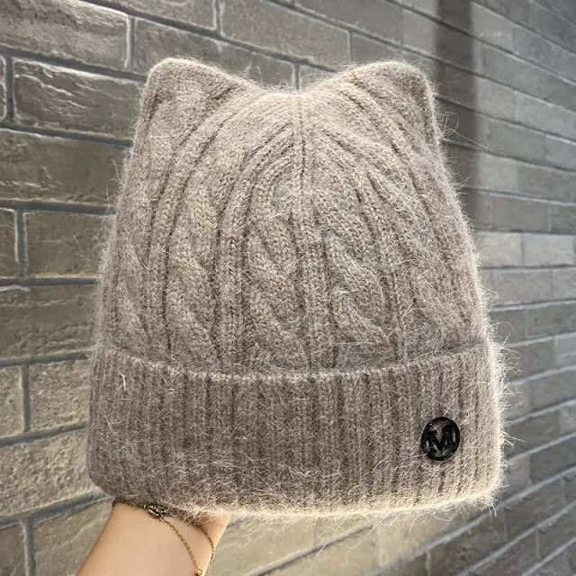 Cute Cat ear Knitted Wool Warm Hat Versatile Face slimming Light Coffee - Shop at LoveMi