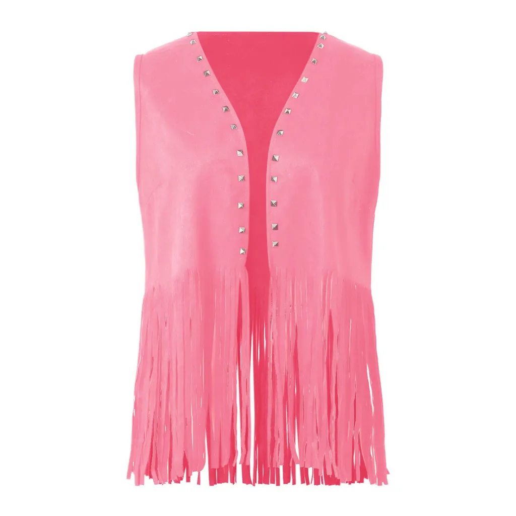 Women's Sleeveless Fringe Suede Jacket Comfortable Casual Rivet Jacket Coat - Rose Red