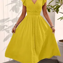 Elegant V-neck Ruffled Sleeve Women's Summer Short Sleeve Maxi Dress - Yellow - View 1