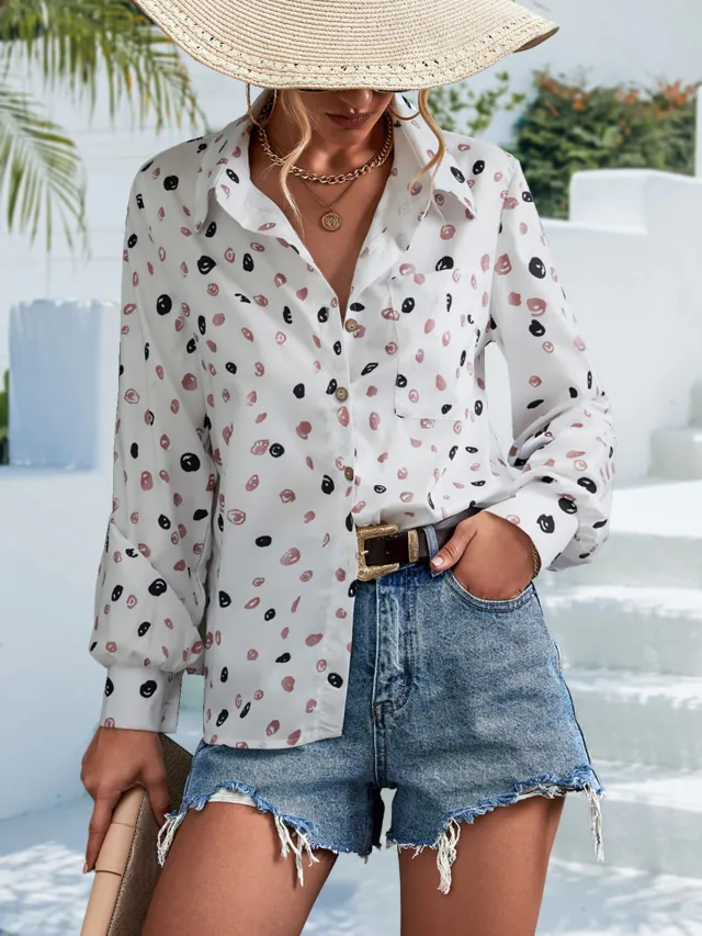 Retro Long Sleeve Lapel Print Shirt For Women White - Shop at LoveMi