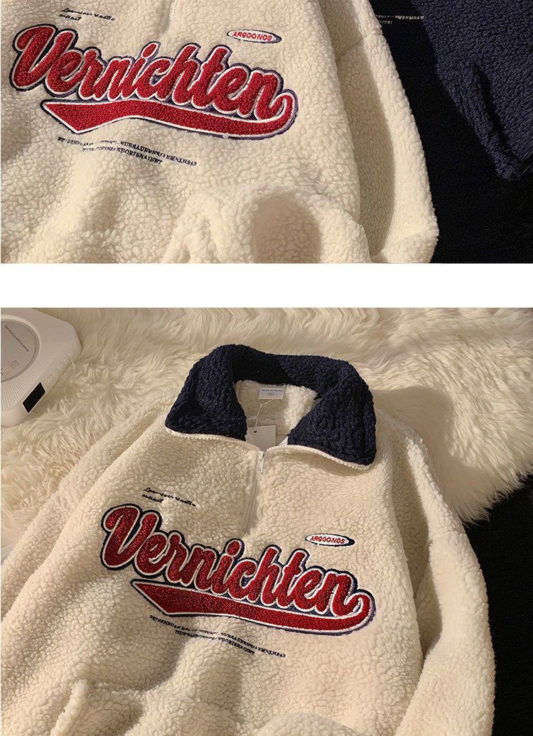 Retro Lapels Embroidery Half Zipper Cashmere Hoodie