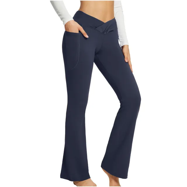 High Waist Slim Fit Wide Leg Yoga Pants Women Dark Blue Outer Pocket - Shop at LoveMi