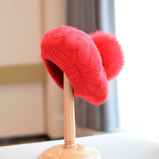 Female Autumn And Winter Knitting Fox Fur Ball Hat Red - Shop at LoveMi