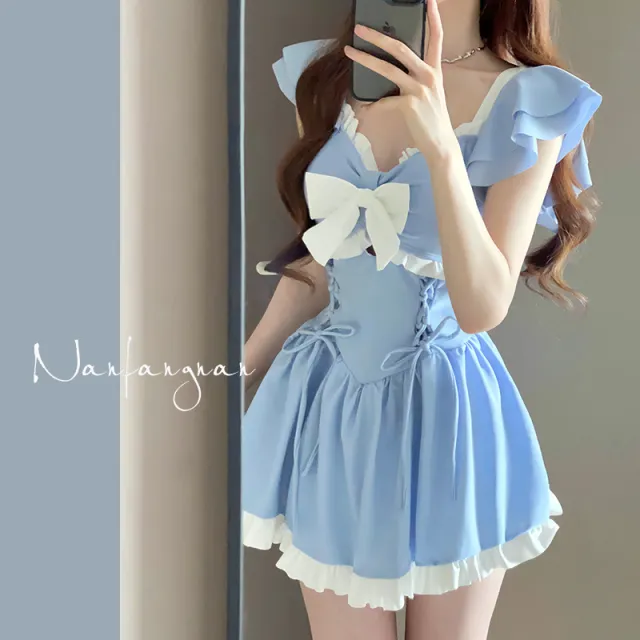 One piece Summer New Conservative Belly covering Sweet Avocado Skirt Boxer Swimsuit Blue - Shop at LoveMi