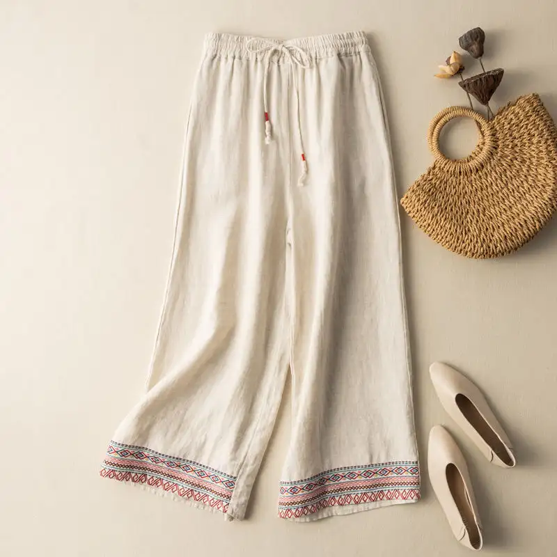 Draping Cotton And Linen Embroidered Wide-leg Pants