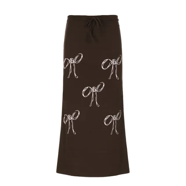 Women's Bow Print Drawstring Straight Dress Brown - Shop at LoveMi