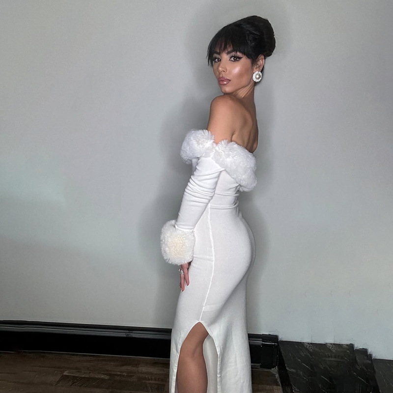 White Christmas Maxi Dress three quarter view in white, oblique collar and long sleeves, styled for festive indoor evening