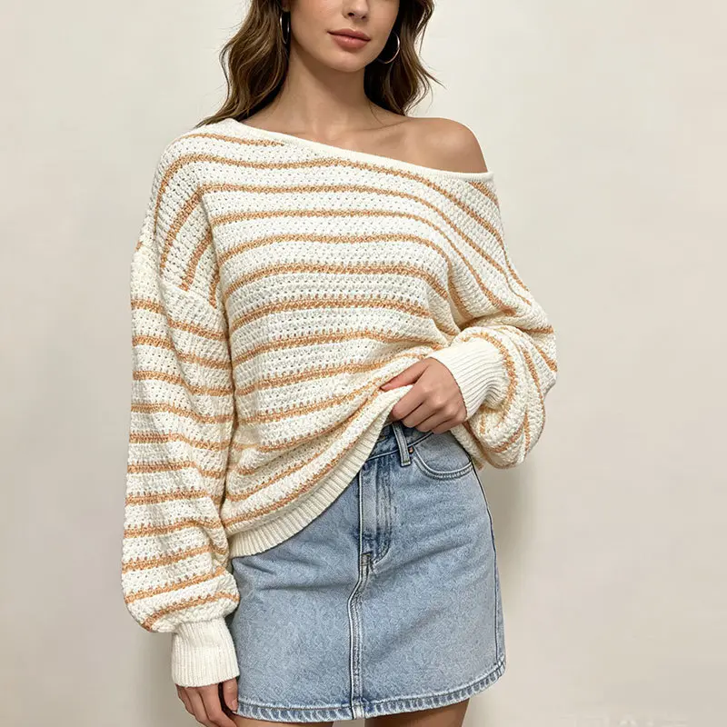 New Womens Striped Crew-neck Pullover Long-sleeve Knit