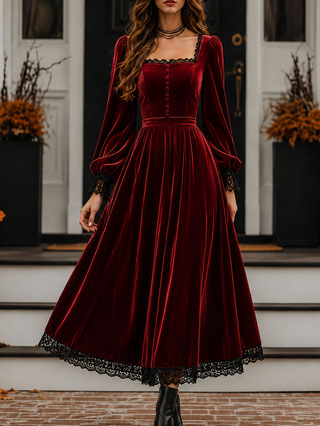 Square-neck Lace-panel Velvet Dress — foto 8