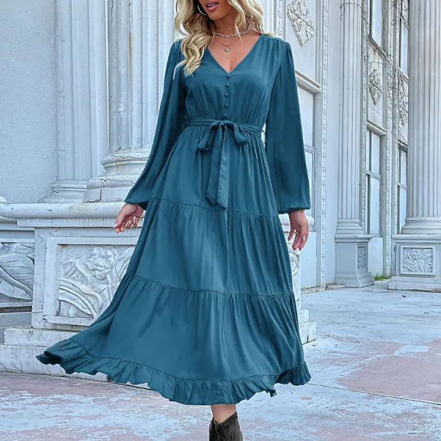 Casual Long Sleeve Solid Color Dress Draping Effect Blue - Shop at LoveMi