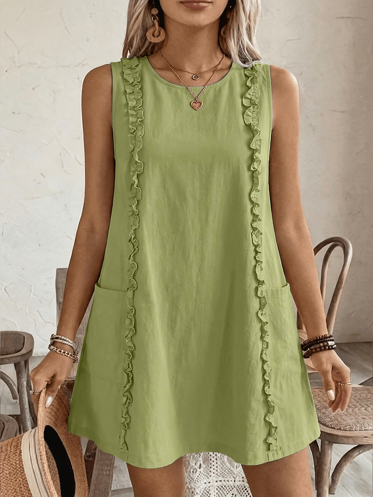 Women's ruffle-trimmed dress in yellow green – front view