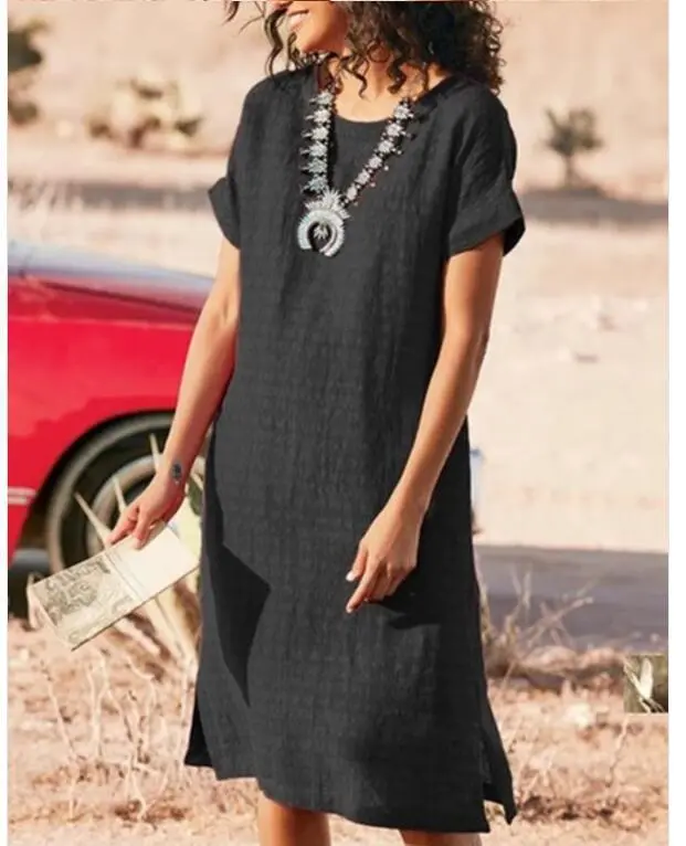 Round Neck Short Sleeve Split Fold Split Dress Black - Shop at LoveMi